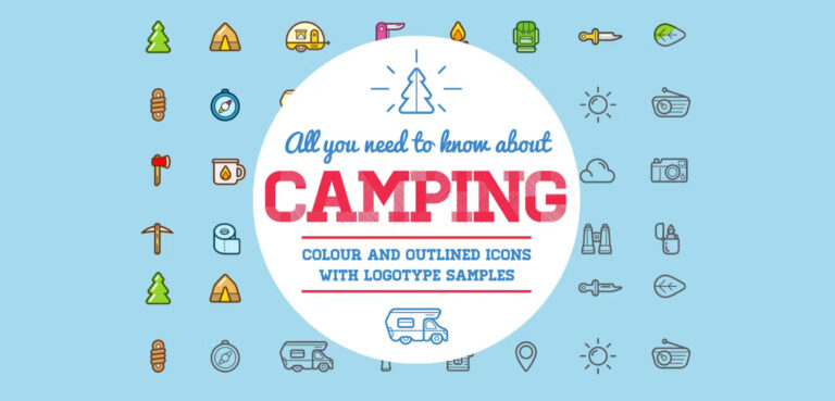 Camping Color and Outlined Icons with Logotypes
